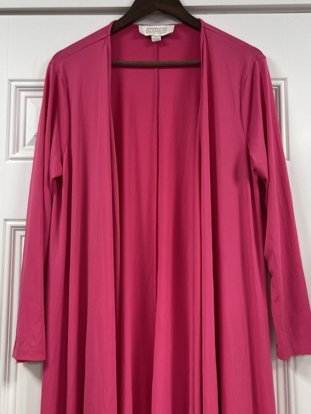 American Glamour Badgley Mischka Hot Pink Long Knit Open Front Duster Coatigan L - Picture 2 of 8